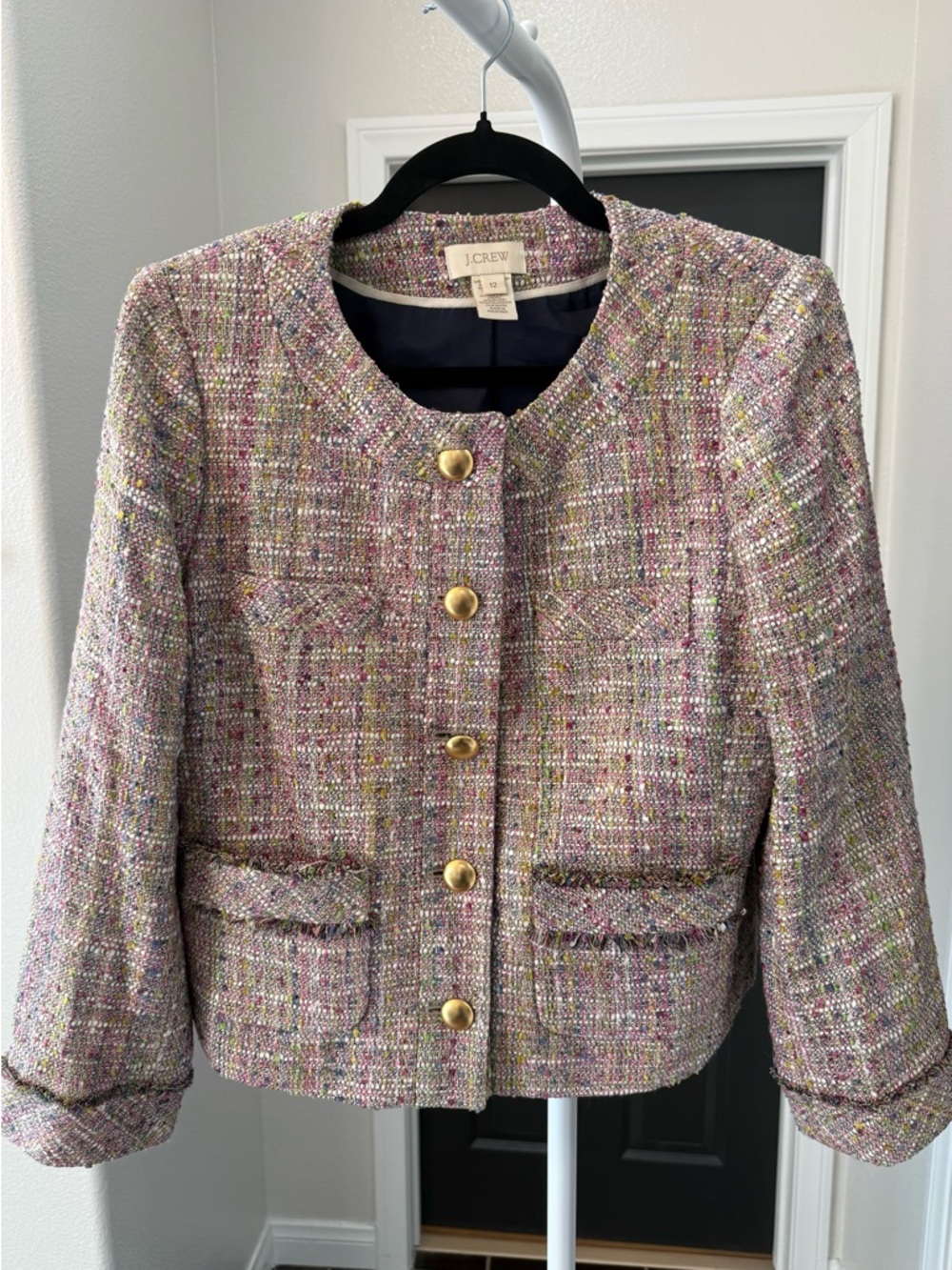 J. Crew Pink Confetti Tweed Jacket with Gold Buttons